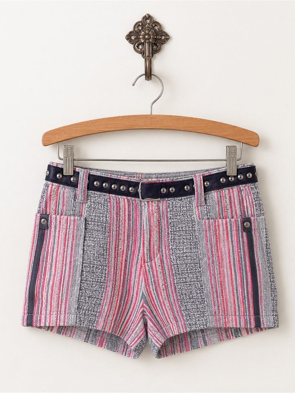 Free People Boho Chic Bohemian Studded Belt Line Striped Abstract Shorts 8